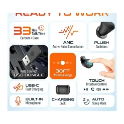 Delton T150 Wireless Active Noise-Canceling Bluetooth Stereo Earbuds with Auto-Pairing USB Dongle, Black (DBHT150)* Headsets