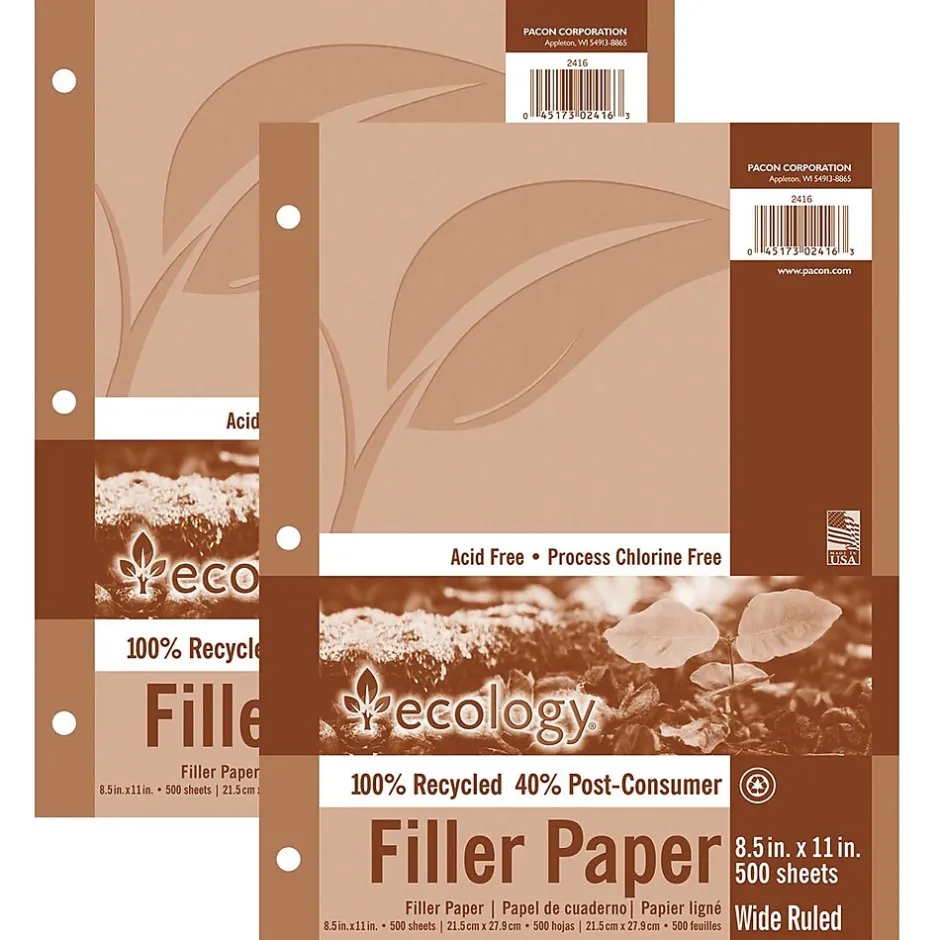 Ecology Wide Ruled Filler Paper, 8.5" x 11", 3-Hole Punched, 500 Sheets/Pack, 2/Bundle (PAC2416-2) New