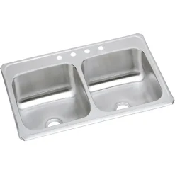 Sinks<Elkay Celebrity 4-Hole Dual-Bowl Drop-In Kitchen Sink, 22" x 43" x 6.88", Stainless Steel, Brushed Satin (CR43224)