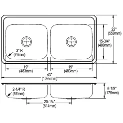 Sinks<Elkay Celebrity 4-Hole Dual-Bowl Drop-In Kitchen Sink, 22" x 43" x 6.88", Stainless Steel, Brushed Satin (CR43224)