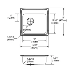 Sinks<Elkay Celebrity 2-Hole Single-Bowl Drop-In Kitchen Sink, 19" x 19.5" x 5.5", Stainless Steel, Brushed Satin (PSRADQ191955L2)
