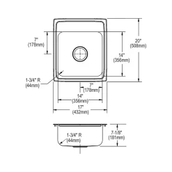 Sinks<Elkay Celebrity 3-Hole Single-Bowl Drop-In Kitchen Sink, 20" x 17" x 7.13", Stainless Steel, Brushed Satin (PSR17203)