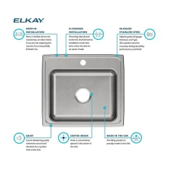 Sinks<Elkay Celebrity 1-Hole Single-Bowl Drop-In Kitchen Sink, 19.5" x 22" x 7.13", Stainless Steel, Brushed Satin (PSR17201)