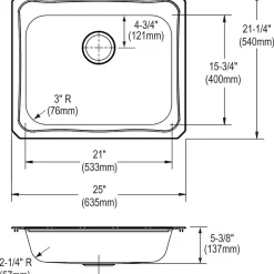 Sinks<Elkay Celebrity Stainless Steel 25" x 21-1/4" x 5-3/8", Single Bowl Top Mount Sink (GECR25213)
