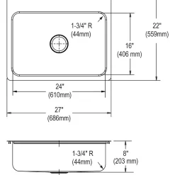 Sinks<Elkay Dayton Stainless Steel 27" x 22" x 8", Single Bowl Dual Mount Sink (DSESR127221)
