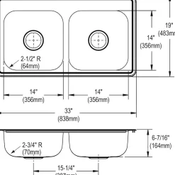 Sinks<Elkay Dayton Stainless Steel 33" x 19" x 6-7/16", Equal Double Bowl Top Mount Sink (D233193)