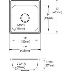 Sinks<Elkay Dayton Stainless Steel 17" x 19" x 6-1/8", Single Bowl Top Mount Bar Sink, Satin (D117193)