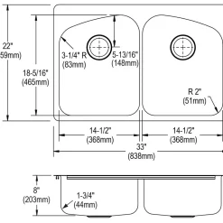 Sinks<Elkay Dayton Stainless Steel 33" x 22" x 8", Equal Double Bowl Dual Mount Sink (DPXSR233222R)