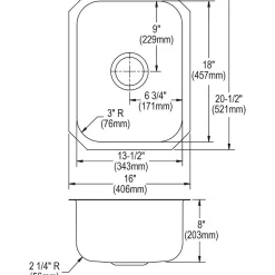 Sinks<Elkay Dayton Stainless Steel 16" x 20-1/2" x 8", Single Bowl Undermount Bar Sink (DXUH1318)