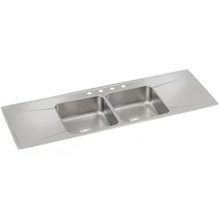 Sinks<Elkay Lustertone Classic 4-Hole Double-Bowl Drop-in Sink with Drainboard, 22" x 66" x 7.63", Stainless Steel, Lustrous Satin