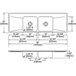 Sinks<Elkay Lustertone Classic 4-Hole Double-Bowl Drop-in Sink with Drainboard, 22" x 66" x 7.63", Stainless Steel, Lustrous Satin