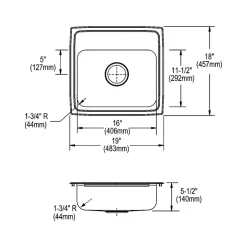 Sinks<Elkay Lustertone Classic 3-Hole Single-Bowl Drop In Sink, 5.5" x 19" x 18", Stainless Steel, Lustrous Satin (LRAD1918553)