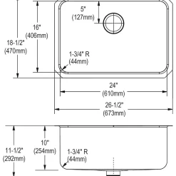 Sinks<Elkay Lustertone Stainless Steel 26-1/2" x 18-1/2" x 10", Single Bowl Undermount Sink with Perfect Drain (ELUH241610PD)