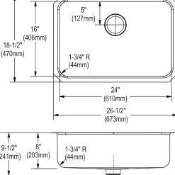 Sinks<Elkay Lustertone Stainless Steel 26-1/2" x 18-1/2" x 8", Single Bowl Undermount Sink with Perfect Drain (ELUH2416PD)
