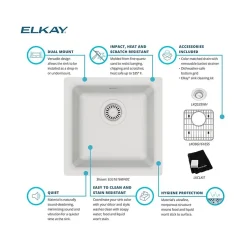 Sinks<Elkay Quartz Classic Single-Bowl Drop-In/Undermount Kitchen Sink, 15.75" x 15.75" x 7.69", Quartz, White (ELG1616WH0C)