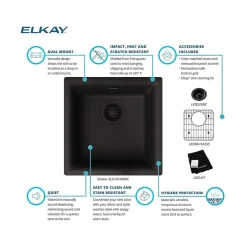 Sinks<Elkay Quartz Classic Single-Bowl Drop In/Undermount Kitchen Sink, 15.75" x 15.75" x 7.69", Quartz, Black (ELG1616BK0C)