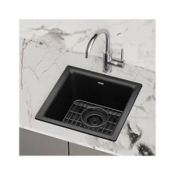 Sinks<Elkay Quartz Classic Single-Bowl Drop In/Undermount Kitchen Sink, 15.75" x 15.75" x 7.69", Quartz, Black (ELG1616BK0C)
