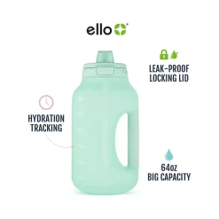 Water Bottles<ello Hydra Time Markers Plastic Water Bottle with Straw, 64 oz., Yucca (299-0826-025-2)