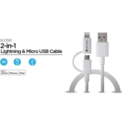 Ematic Charge and Sync 2-in-1 Lightning and Micro USB to USB-A Cable, 3 ft., White, (ELD320)