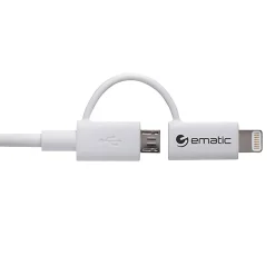 Ematic Charge and Sync 2-in-1 Lightning and Micro USB to USB-A Cable, 3 ft., White, (ELD320)
