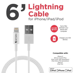Ematic Charge and Sync Lightning to USB-A Cable, 6 ft., White, (ELC460)
