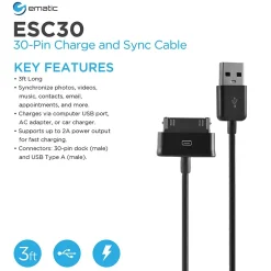 Ematic Charge and Sync 30-Pin to USB-A Cable, 3 ft., Black (ESC30)