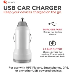 Ematic 2-Port USB-A Car Charger, 2.1-Amp, White, (ECC08WH)