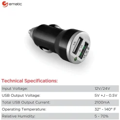 Lightning Cables<Ematic 2-Port USB-A Car Charger, 2.1-Amp, Black, (ECC08BL)