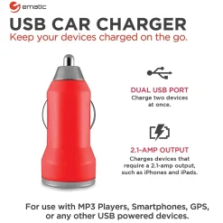 Lightning Cables<Ematic 2-Port USB-A Car Charger, 2.1-Amp, Red, (ECC08RD)