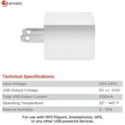 Ematic 2-Port USB-A Wall Charger, 2.1-Amp, White, (ECW06WH)