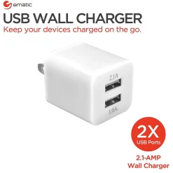 Ematic 2-Port USB-A Wall Charger, 2.1-Amp, White, (ECW06WH)