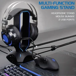 Enhance ENPCGXH100BKWS 3-in-1 Headset Stand with RGB Colors, USB Powered, Black* Gaming Accessories