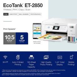 Instant Photo Printers<Epson EcoTank ET-2850 All-in-One Cartridge-Free Supertank Printer, White (Refurbished)