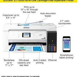Instant Photo Printers<Epson EcoTank ET-15000 Wireless Color Inkjet Printer, All-In-One Supertank, Print, Scan, Copy, Fax (9472514)