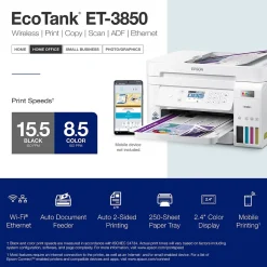 Instant Photo Printers<Epson EcoTank ET-3850 Wireless Color Inkjet Printer, All-In-One Supertank, Print, Scan, Copy (9472543)