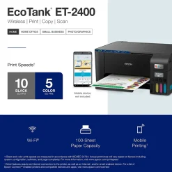 Instant Photo Printers<Epson EcoTank ET-2400 Wireless Color Inkjet Printer, All-In-One Supertank, Print, Scan, Copy (9592581)