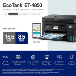 Color Printers<Epson EcoTank ET-4850-B Wireless Color Inkjet Printer, All-In-One Supertank, Print, Scan, Copy, Fax (9472544) Black