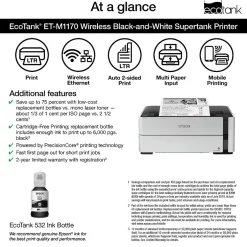 Black & White Printers<Epson EcoTank ET-M1170 Wireless Monochrome Inkjet Printer