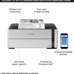 Black & White Printers<Epson EcoTank ET-M1170 Wireless Monochrome Inkjet Printer