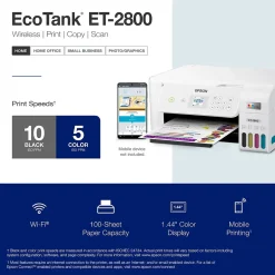 Color Printers<Epson EcoTank ET-2800-W Wireless Color Inkjet Printer, All-In-One Supertank, Print, Scan, Copy (9472539) White