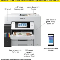 Color Printers<Epson EcoTank Pro ET-5800 Wireless Color Inkjet Printer, All-In-One Supertank, Print, Scan, Copy, Fax (9472508)