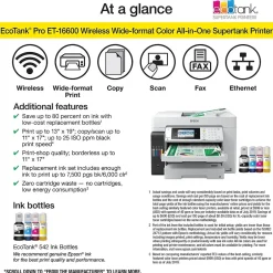 Color Printers<Epson EcoTank Pro ET-16600 Wireless Wide-format All-in-One SuperTank Office Printer, prints up to 13" x 19"