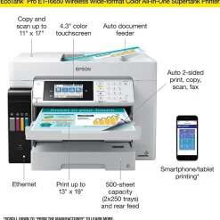 Color Printers<Epson EcoTank Pro ET-16650 Wireless Color Inkjet Printer, All-In-One Supertank, Print, Scan, Copy, Fax (9472516)