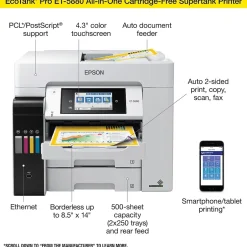 Color Printers<Epson EcoTank Pro ET-5880 Wireless All-in-One Cartridge-Free SuperTank Office Printer with PCL/Postscript Support