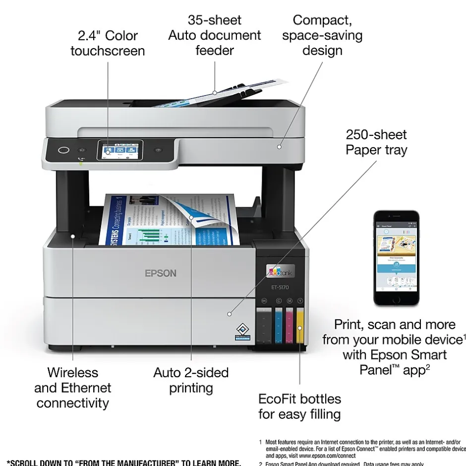 Color Printers<Epson EcoTank Pro ET-5170 Wireless Color All-in-One Inkjet Printer (C11CJ88201)