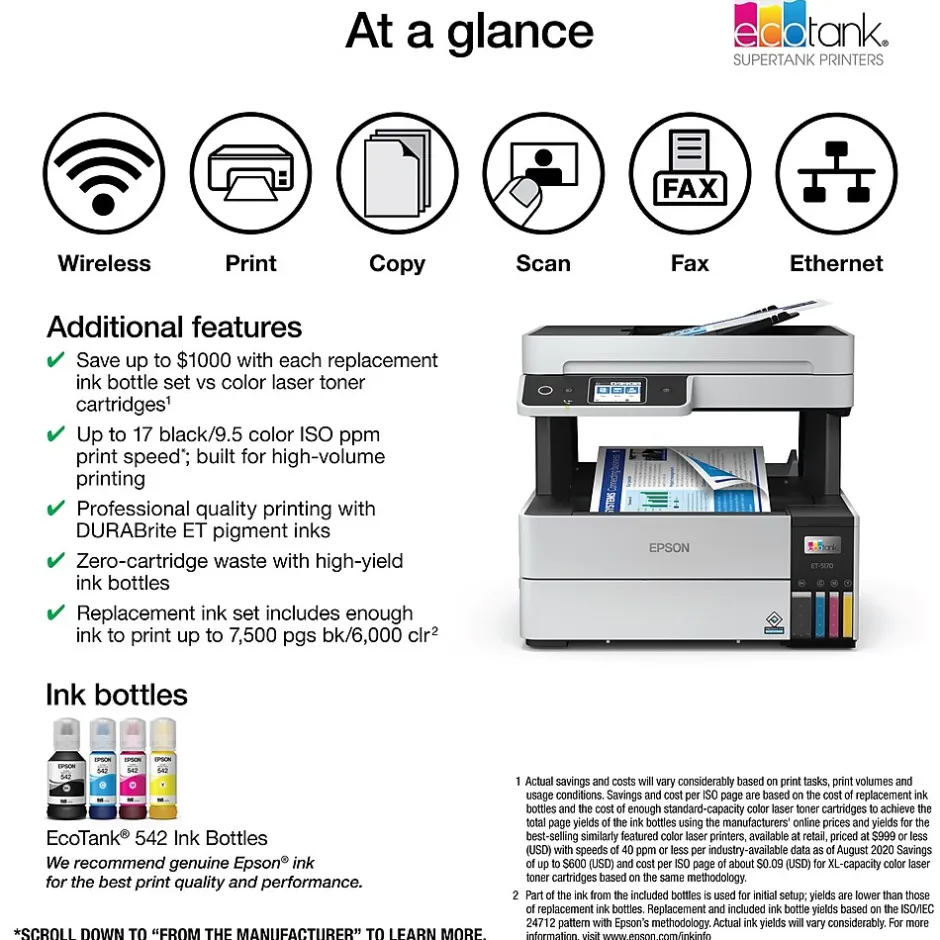 Color Printers<Epson EcoTank Pro ET-5170 Wireless Color All-in-One Inkjet Printer (C11CJ88201)
