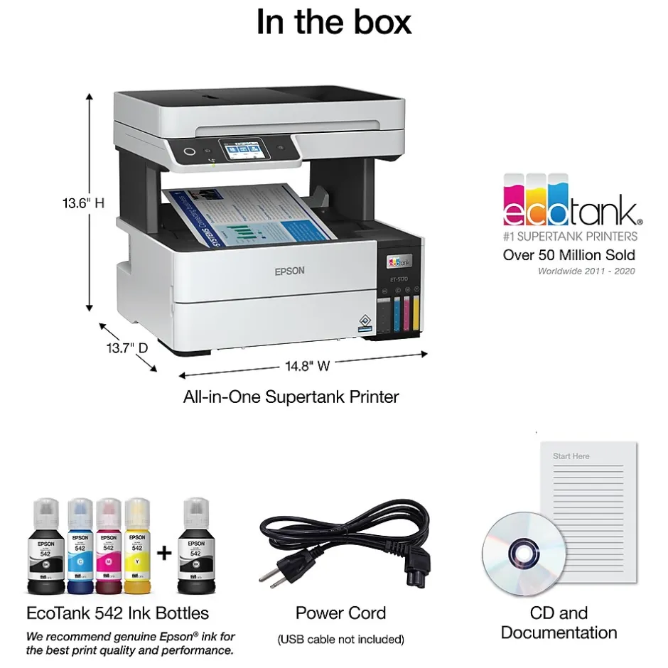Color Printers<Epson EcoTank Pro ET-5170 Wireless Color All-in-One Inkjet Printer (C11CJ88201)