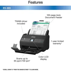 Portable Scanners<Epson ES-865 High-Speed Duplex Desktop Document Scanner (B11B250202)