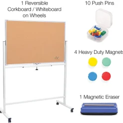 Clearance Excello Global Products Double Sided Magnetic Mobile Whiteboard Corkboard Combo, White Frame, 48