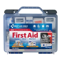 First Aid Kits<First Aid Only Plastic First Aid Kit with Magnetic Flashlight, 50 People, 322 Pieces, Clear/Blue (91414)